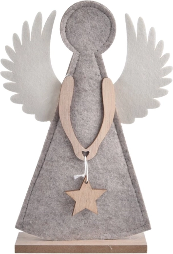 Decoratie engel van vilt en hout met ster grijs 21 cm