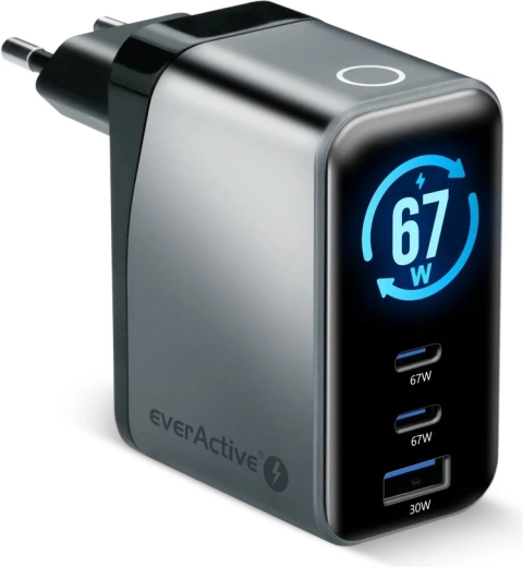 EverActive GaN-oplader 67 W met LCD (2× USB-C + USB-A)
