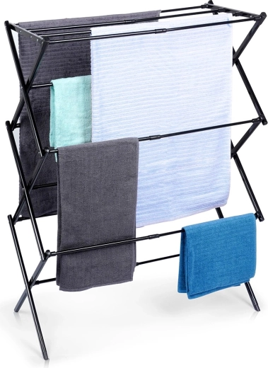 Opvouwbaar metalen droogrek voor wasgoed, zwart, telescopisch 44,5–75 × 37,5 × 105 cm