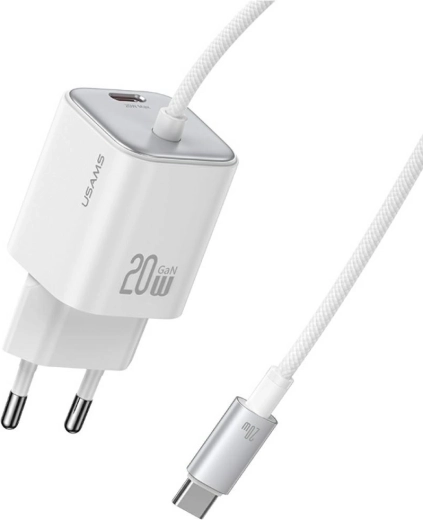 USAMS JC-serie 20 W GaN mini-oplader 2× USB‑C met geïntegreerde USB‑C-kabel wit