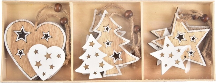 Houten hangdecoratie bruin-wit 8 cm (6 stuks)