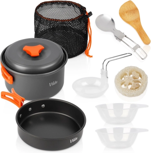 Vilde toeristische campingkookset van geanodiseerd aluminium met accessoires, 10-delig