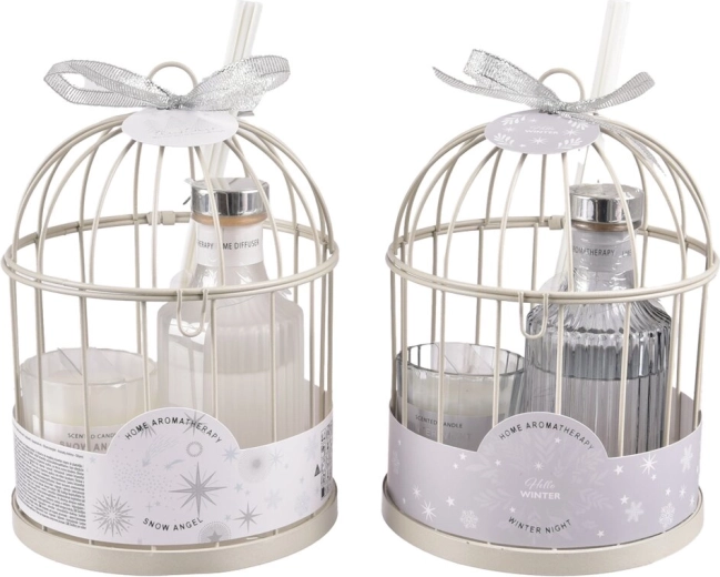 Cadeauset aromadiffuser en kaars in witte metalen kooi