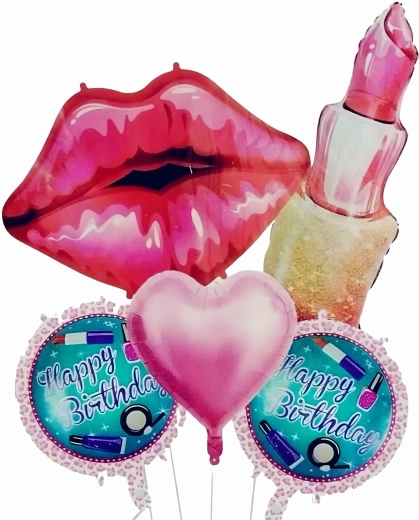 Set verjaardagsballonnen voor meisjes – lippenstift, lippen en Happy Birthday, 5 stuks