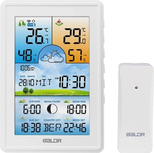 Draadloos weerstation Baldr met buitensensor, wekker en maanfase wit