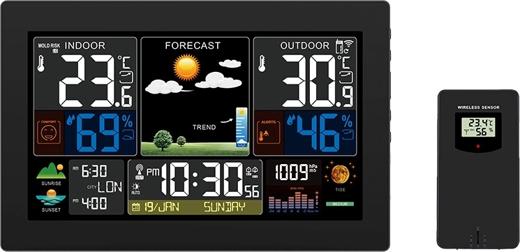 Solight weerstation met XL kleuren-LCD-display, temperatuur, luchtvochtigheid, druk, RCC, zwart