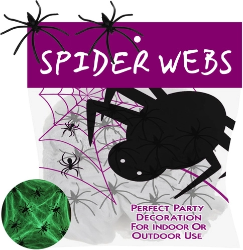 Fluorescerend Halloween-spinnenweb dat in het donker oplicht RUHHY met 20 spinnen - 1 stuk