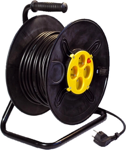 Oprolbare verlengkabel 25 m, 4 stopcontacten, 3×1,5 mm², zwart/geel