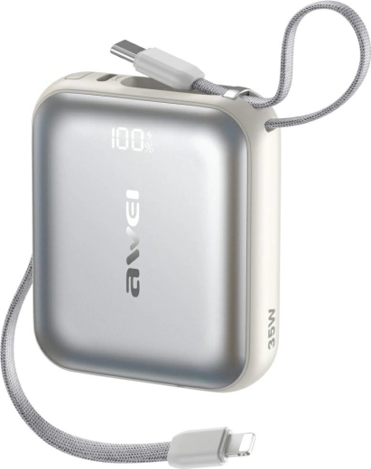 Powerbank AWEI AS-181 10000 mAh, 35 W, met ingebouwde Lightning- en USB‑C‑kabels, zilver
