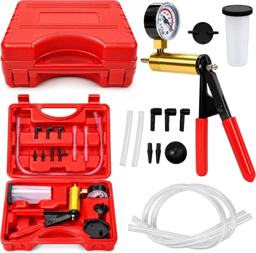 Handmatige vacuümpomp met manometer voor het ontluchten van remmen, set in koffer 120 ml