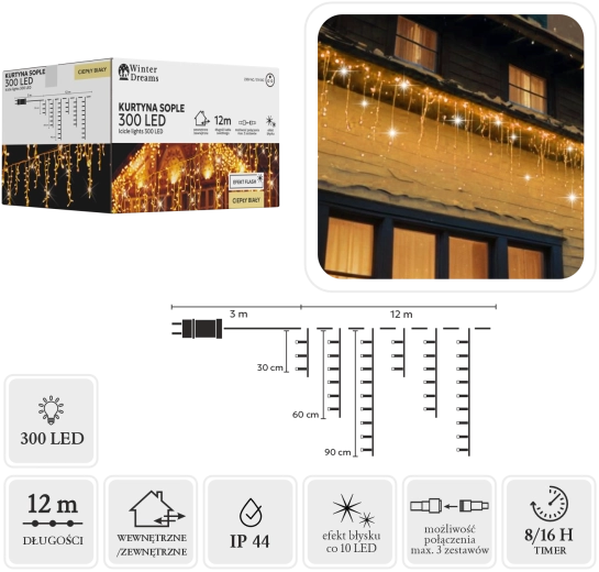 LED-lichtsnoer met ijspegels, 300 LED's, warm wit met koud flash-effect, 12 m