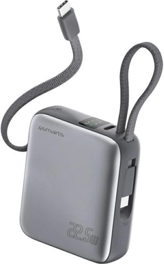 Powerbank 4smarts Pocket Dual Cord 10000 mAh 22,5 W met ingebouwde USB‑C‑kabel, grijs