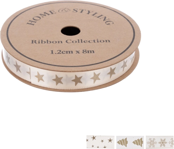 Home Styling kerstdecoratielint beige met gouden opdruk 1,2 cm x 8 m