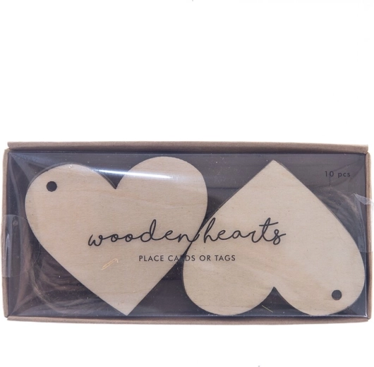 Houten labels met touwtje in hartvorm, beige, 10 stuks