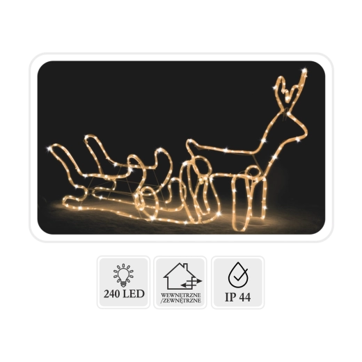 Kerst LED‑rendier met slee 120 × 27 × 66 cm, warm wit + koud flash, voor binnen en buiten