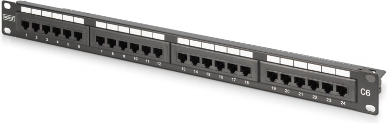 Patchpaneel 19" 24× RJ45 Cat 6, ongeblindeerd, 1U, LSA, kabelgeleiding, beschrijvingsvelden, zwart