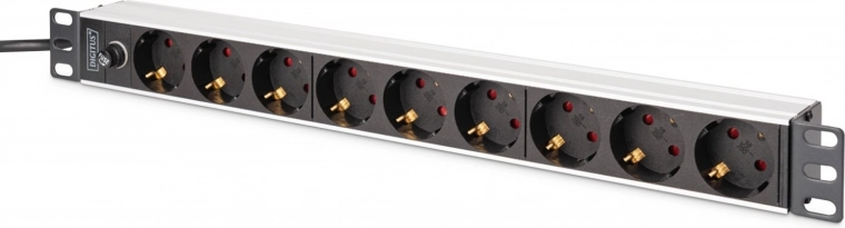 PDU verdeelrail voor 19" rack met zekering, 9x Schuko (45°), kabel 2 m met IEC C14, 10 A, aluminium