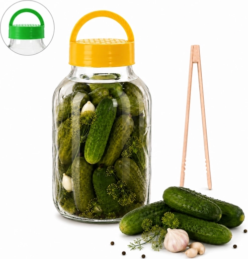 Glazen pot voor fermentatie van 5 l met kunststof deksel, tang en recept