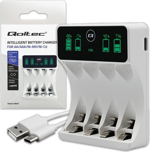 Lader voor Ni‑MH AA/AAA-accu’s met LCD en USB‑C‑kabel, wit