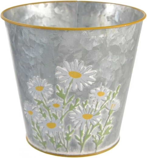 Grijze metalen bloempot met margrietmotief