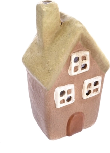 Keramische kandelaar huisje beige-groen 14 cm