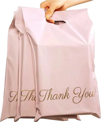 Roze koeriersenveloppen met handvat 500 × 600 + 70 mm, 50 stuks, met opschrift Thank You