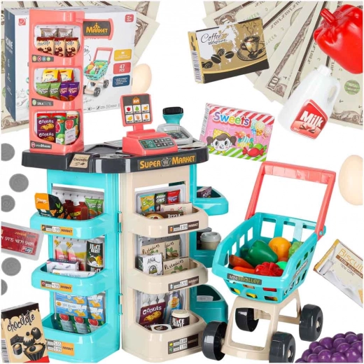 Kindersupermarkt met accessoires en winkelwagen, 47 delen, mint