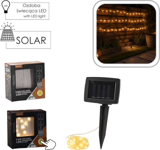 Solar LED-lichtsnoer op draad, 100 LED's, warm wit, 11,9 m