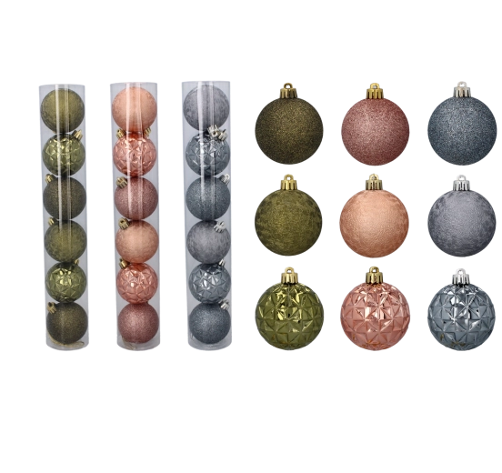 Set kerstballen olijfgroen, koperkleurig en grafietkleurig 6 cm, 6 stuks