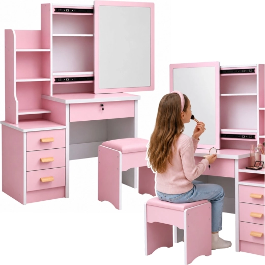Cosmetische kaptafel met grote spiegel, lades, planken en krukje roze 131 × 80 × 36 cm