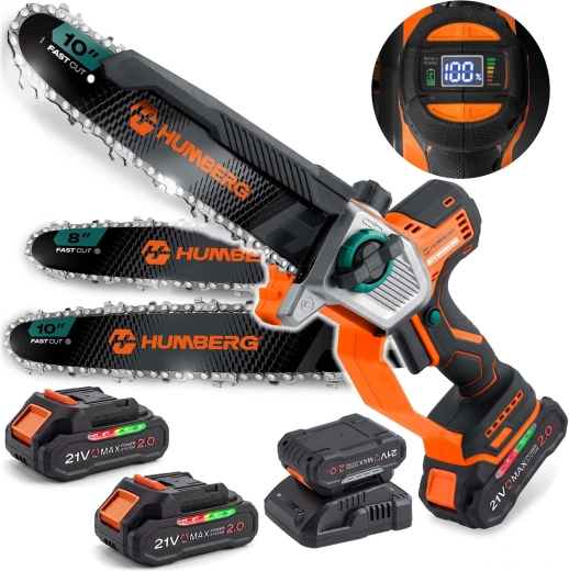 Accu-kettingzaag Humberg HM-437 met 2× 21 V 2,0 Ah-accu’s, zwaard 10" en 8"