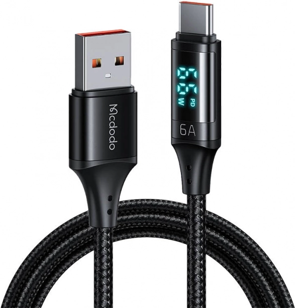 USB naar USB-C-kabel met display Mcdodo, 66W, 6A, 1,2 m zwart