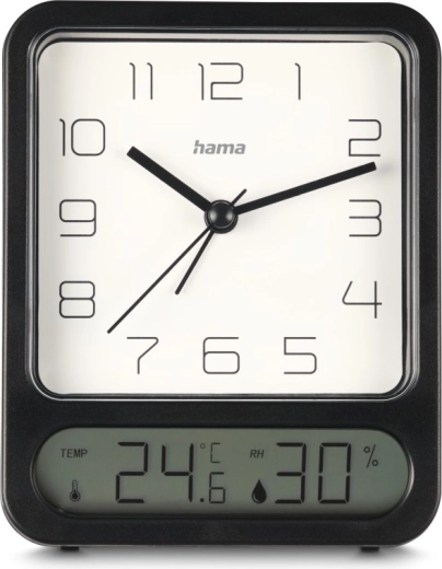 Wekker met analoge klok en digitale thermometer en hygrometer, zwart