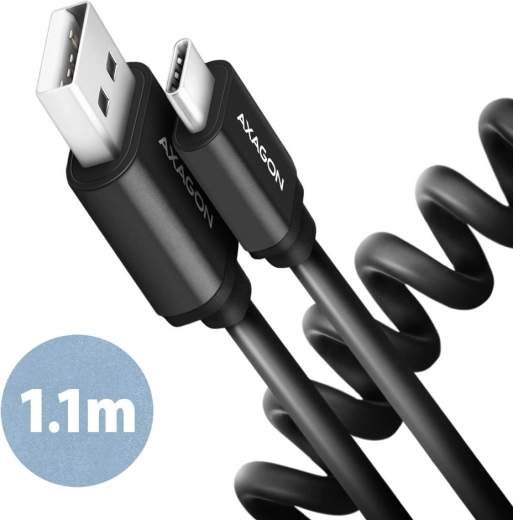 Axagon Twister USB‑C naar USB‑A kabel 1,1 m, USB 2.0, 3 A, aluminium, zwart