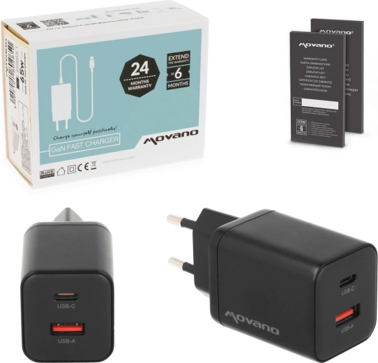 Movano GaN netlader 45 W USB-C PD + USB-A zwart