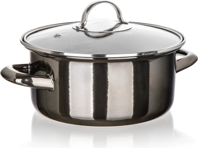 Emaillen pan met glazen deksel 20 cm, 2 l, Metallic Black