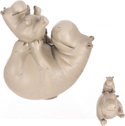 Decoratief beeldje nijlpaard mama en jong grijs polyresin (2 varianten)