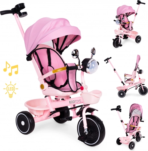 Roze kinder driewieler buggy met draaibare zitting en duwstang ecotoys