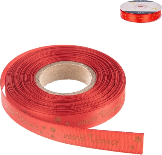 Polyester kerstlint 'Vrolijk Kerstfeest' rood 25 m