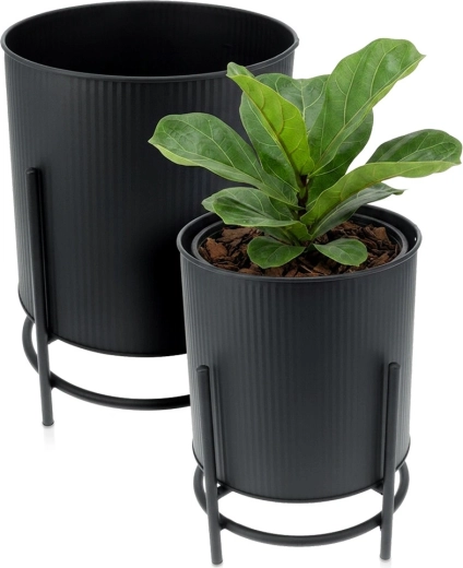 Metalen plantenbakstandaard met potcover, zwart – set van 2 stuks