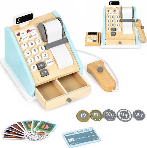 Houten kinder kassa met betaalterminal en scanner ECOTOYS