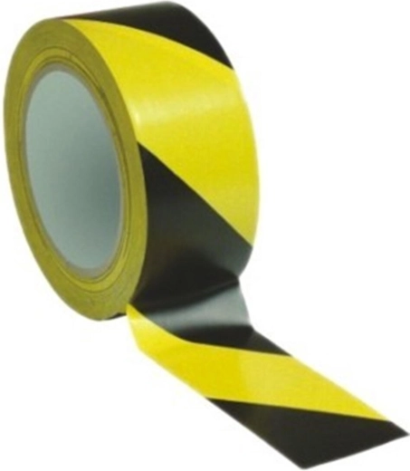 Waarschuwende zelfklevende tape 48 mm × 66 m, geel‑zwart, schuine strepen naar rechts