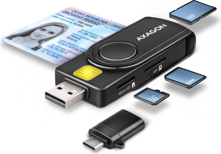 Zakkenkaartlezer AXAGON voor ID, SD, microSD en SIM kaarten met USB