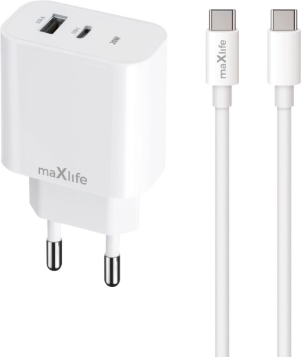 Maxlife MXTC-06-20AC snellader USB-C + USB-A 20 W met USB-C/USB-C-kabel