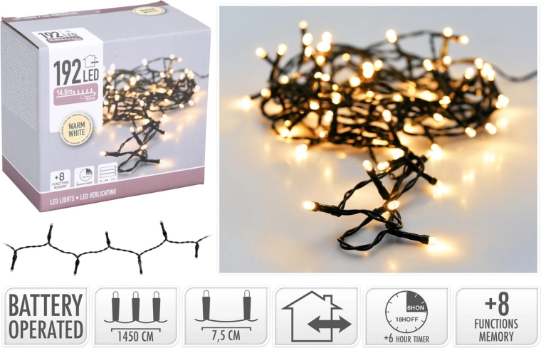 Kerst LED-verlichting 15 m, 192 LED, warm wit, 8 functies, IP44