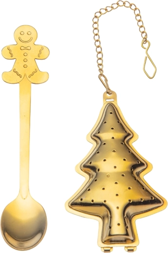 Cadeauset voor thee met goudkleurige thee-infuser en lepeltje – kerstmotief