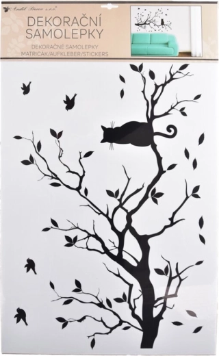 Muursticker tak met zwarte kat 60 × 42 cm