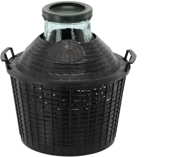 Glazen mandfles in plastic mand 15 l met brede hals