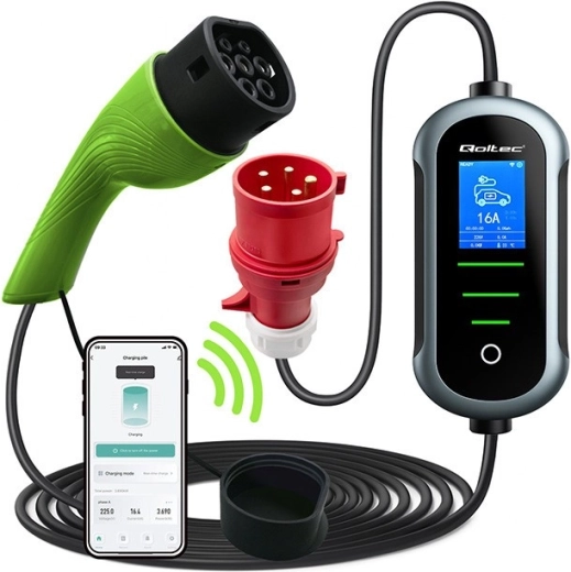 Draagbare Wi‑Fi lader voor elektrische auto’s Type 2, 22 kW, 400 V, LCD, 7 m – Qoltec