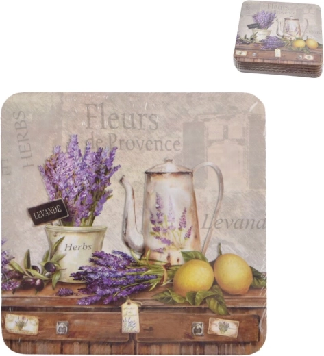 Kurkonderzetters met lavendelmotief 10 × 10 cm, 6 stuks